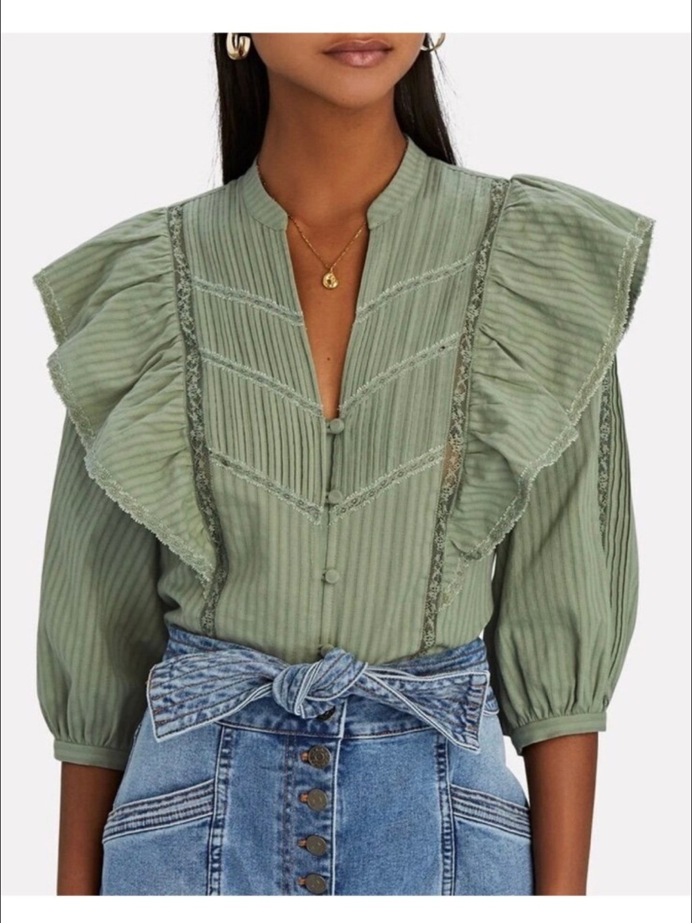 Intermix Eloise ruffled 100% cotton sage blouse size 2